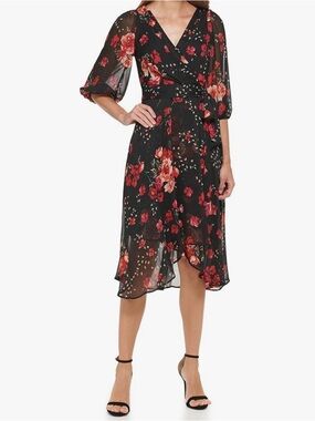 DKNY MIDI SHEER BLACK FLORAL DRESS